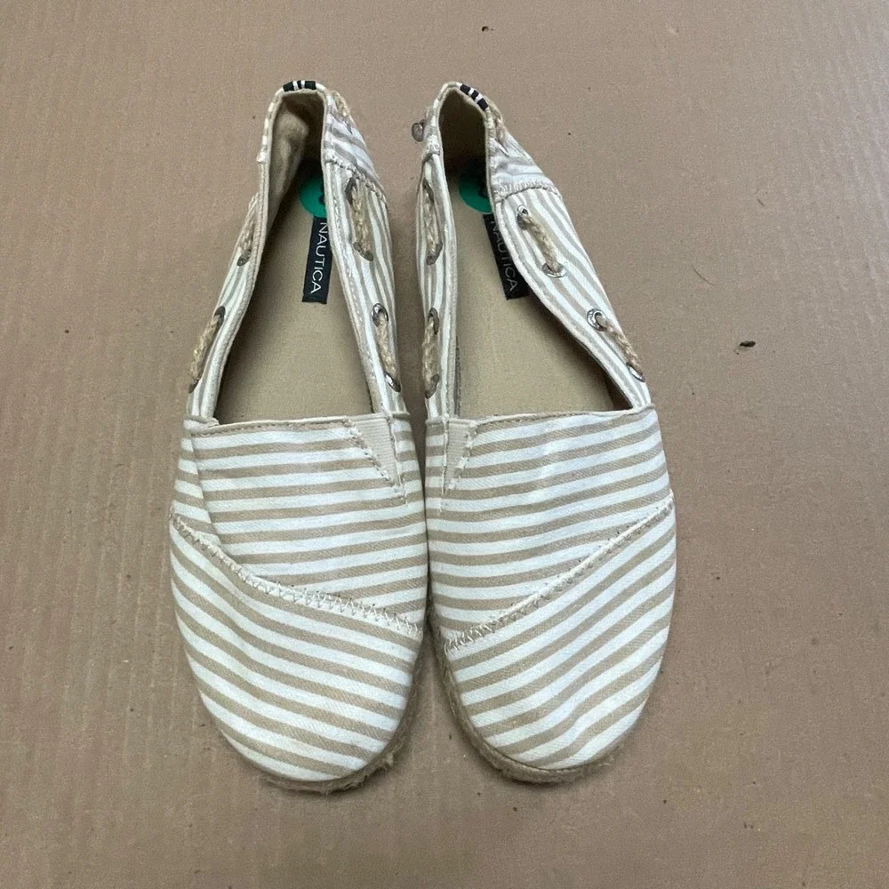 Nautica Women's Sz 8/38 Rudder Tan Striped‎ Canvas Espadrille Slip On Boat Shoes